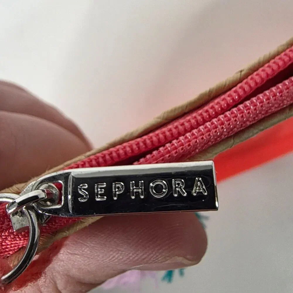 Sephora Woven Straw Coral Cosmetic Makeup Bag Tassel Zipper Pouch 11x7